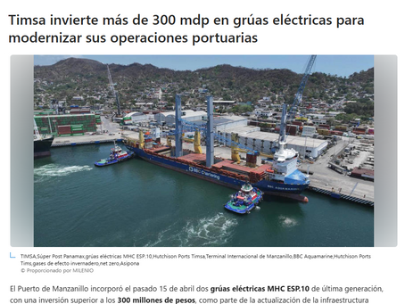 Milenio- Timsa invierte más de 300 mdp en grúas eléctricas para modernizar sus operaciones portuarias