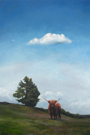 Rolling Kentucky hillside landscape with bright blue sky. One highland bull, one tree, and one cloud fill the sene.