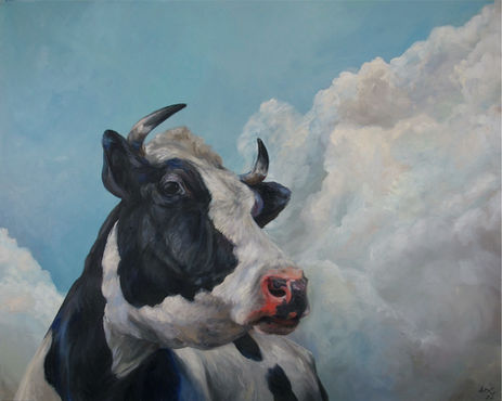 Black and white dairy cow standing proud in front of a rolling cloud.