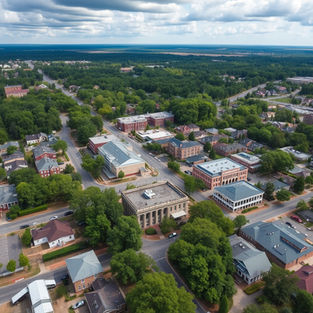 Drone view of small city and downtown area from above