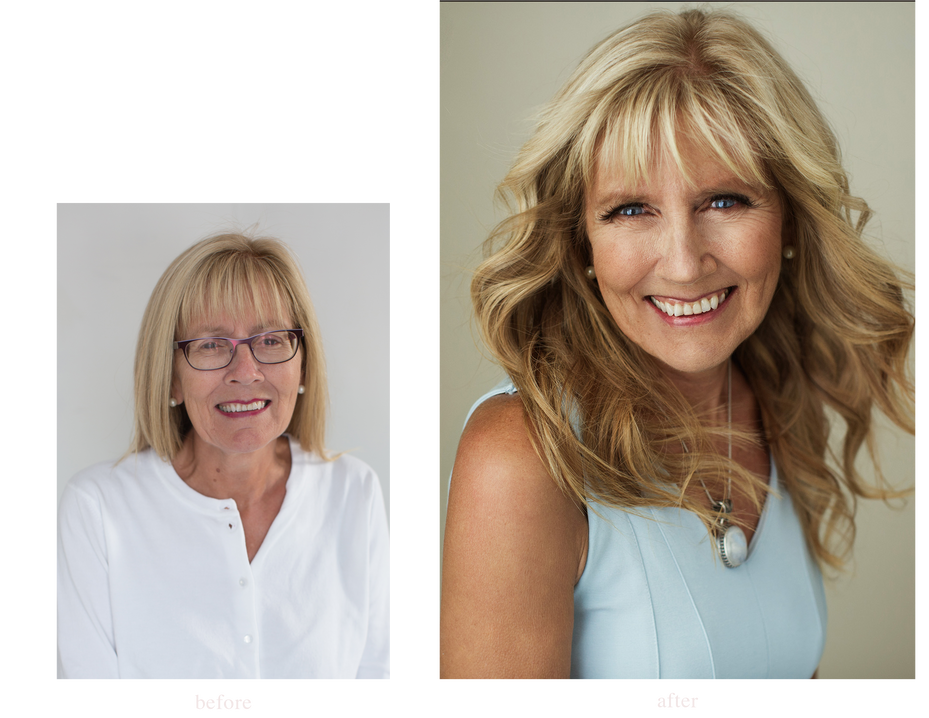 Before and after: blonde woman in glasses, transformed with soft curls and makeup in a light blue top