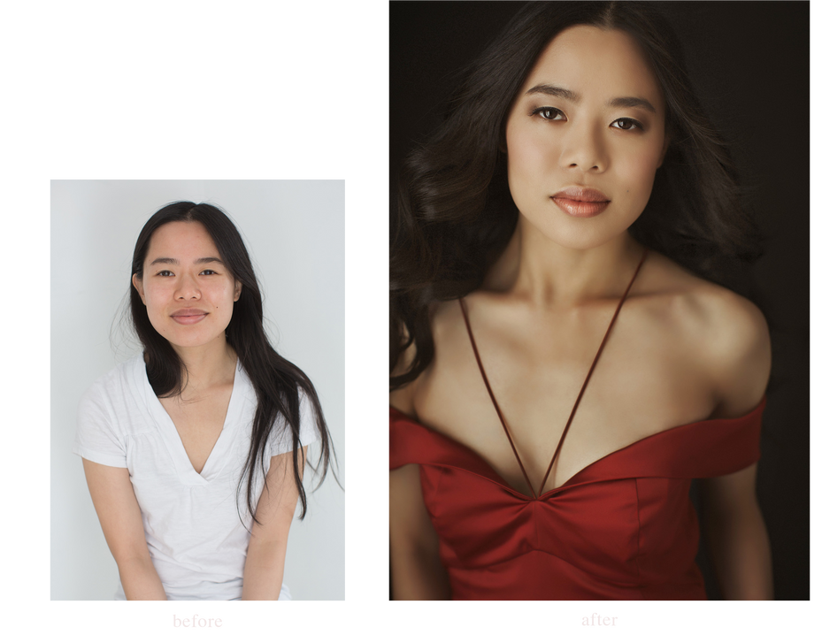 Before and after: woman with long dark hair, from a white t-shirt to a red off-shoulder gown with glam makeup