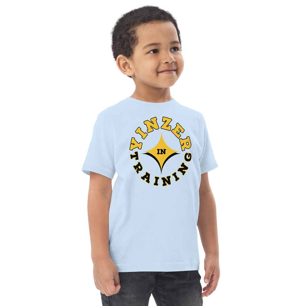 Thumbnail: Pittsburgh Toddler black and yellow t-shirt on light blue by Yinzer Clothing Company