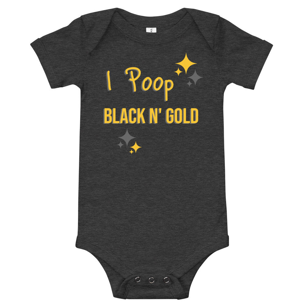 Pittsburgh Black and Gold Baby Onesie Short-sleeve in dark heather grey by Yinzer Clothing Company