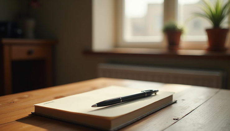 Eye-level view of a cozy room with a journal and pen on a wooden table