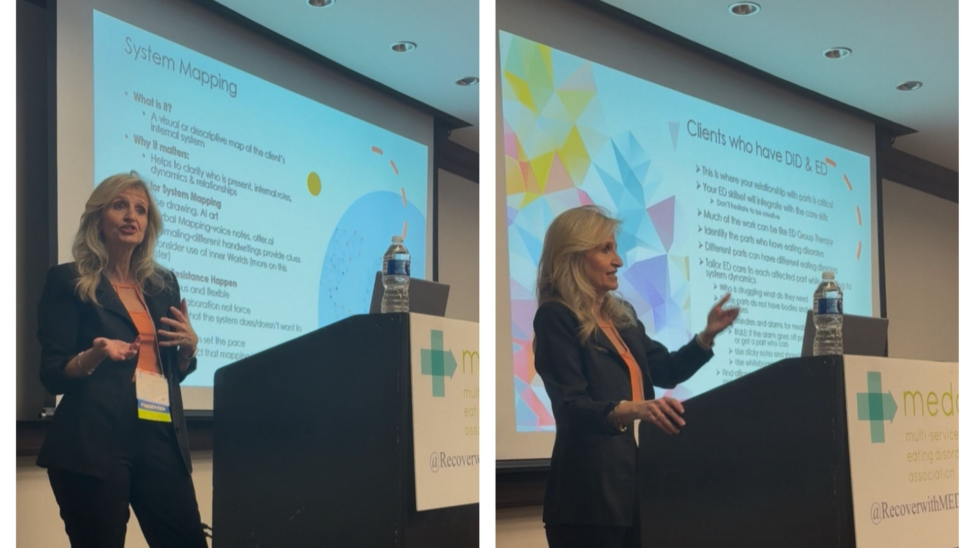 Collage of Monika Ostroff presenting—custom workshops designed for clinicians, teams, and organizations seeking education on treating DID & OSDD