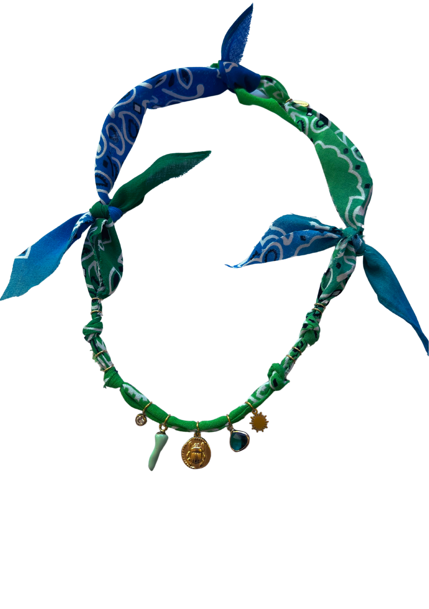 Collier scarabée doré bleu/vert