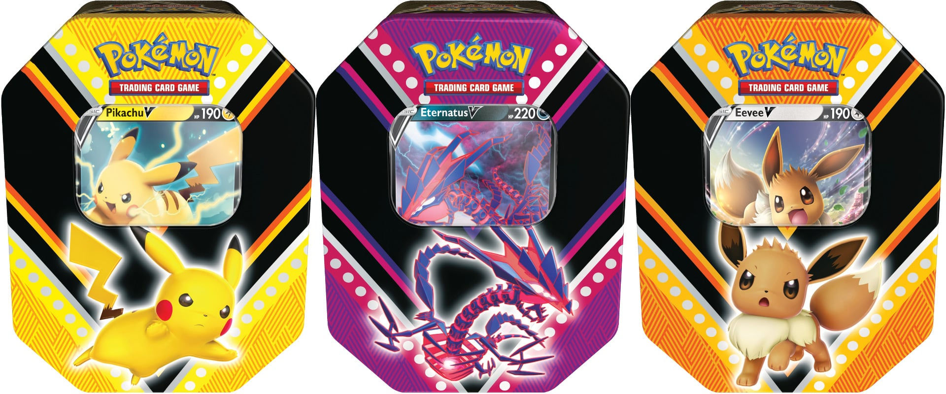 Eevee, Pikachu and Eternatus V Tin Pack of 3