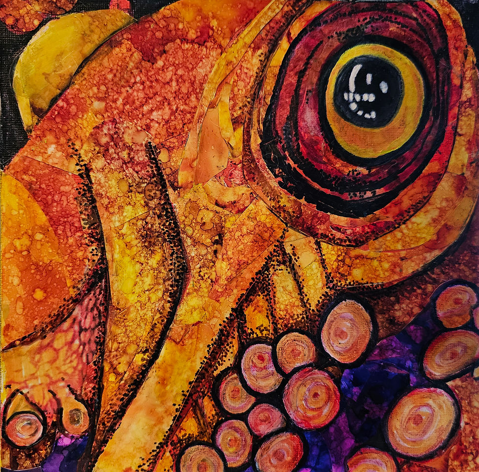 Collage on canvas panel 8"x8".. Alcohol Ink, Acrylic