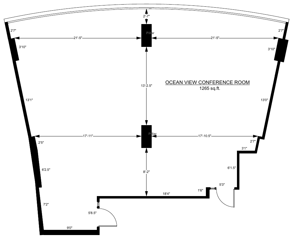 Floor plan of the Oceanview Conference Room: 1,265 sq. ft., widening toward a curved window wall, with two central pillars and two entry doors.