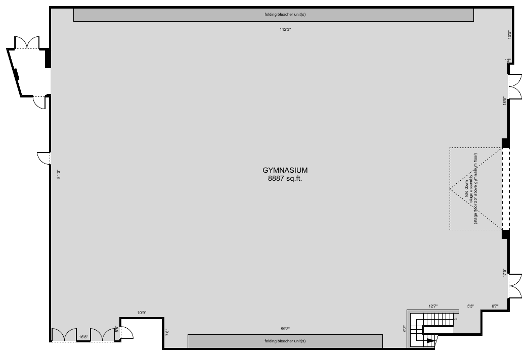 Floor plan of He'was Hall: a rectangular room about 112 by 81 feet, 8,887 sq. ft., with folding bleachers along both long walls, a fold-down stage on the east wall and several double-door entrances.