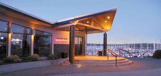 The marina restaurant entrance at dusk