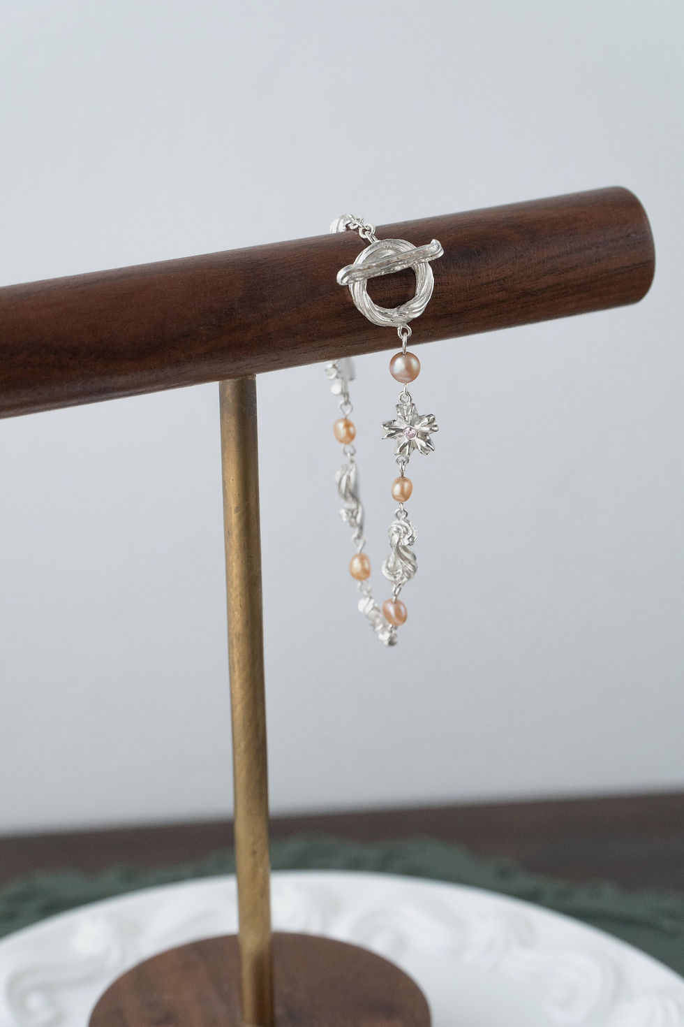 Thumbnail: Creamy Sakura Swirl with Pearl Silver Bracelet