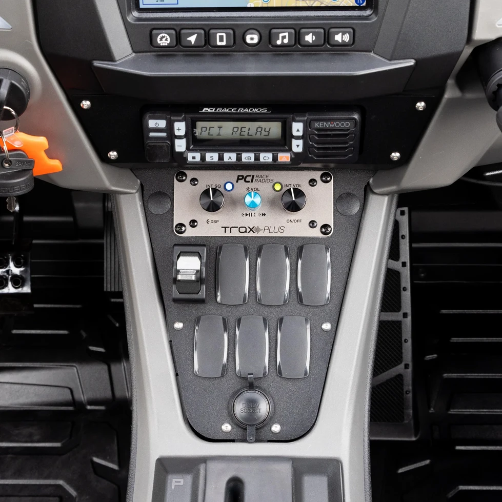 Front view of RZR Pro R bracket showing cutouts for radio and intercom gear