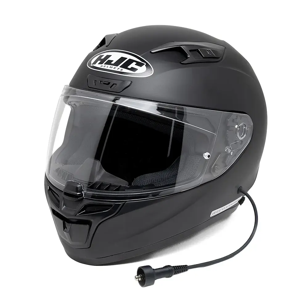 Side profile of HJC i10 DOT black helmet highlighting aerodynamic shape