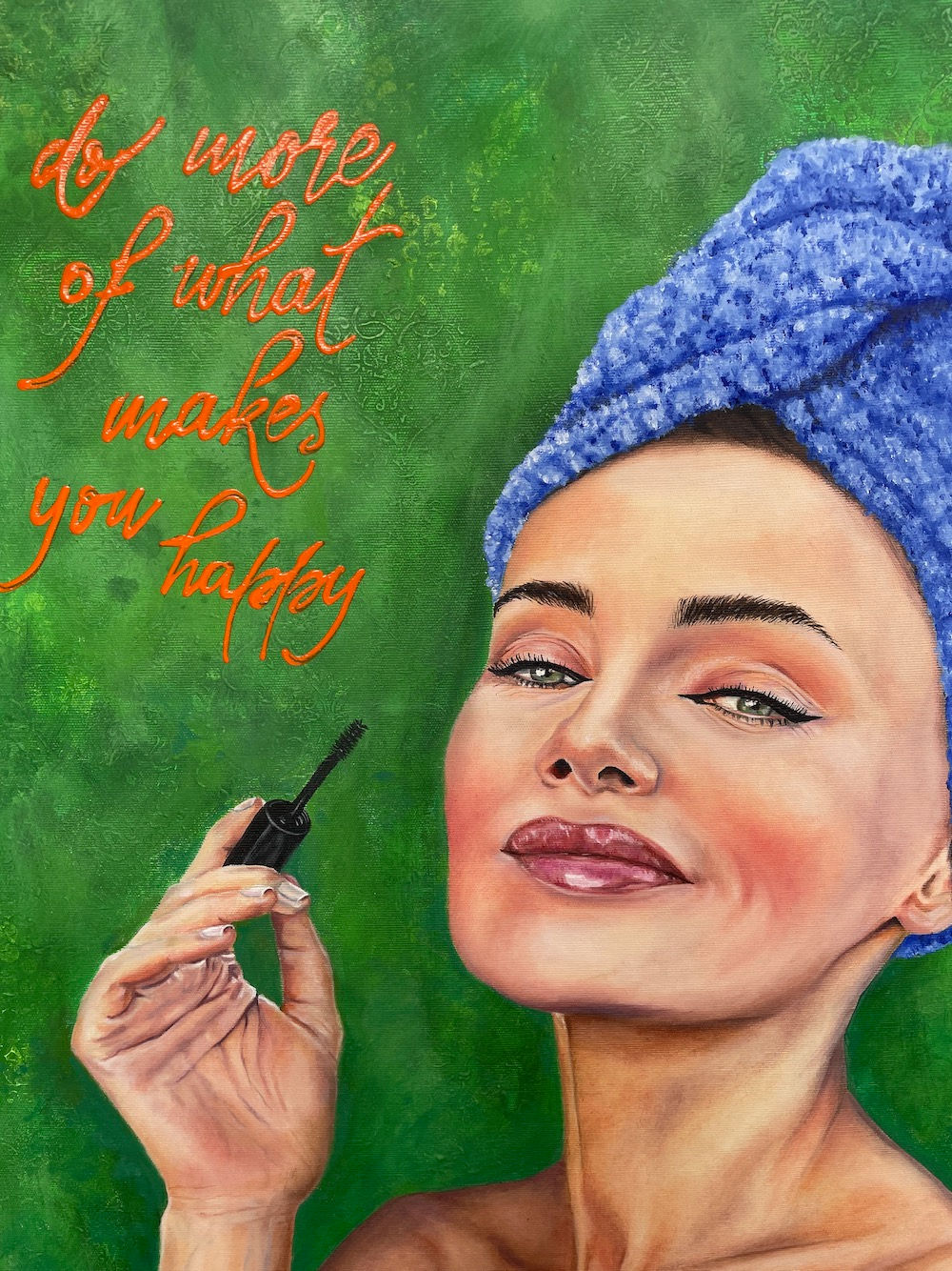 the main figure in the painting is a beautiful woman wearing a blue towel on her head and trying to apply make-up to her eyelashes. Her grace and gracefulness paired with very soft skin tones form a contrast to the lush green background with the inscription: do more of what makes you happy
mix media painting on canvas, 60 x 80 cm, 2024