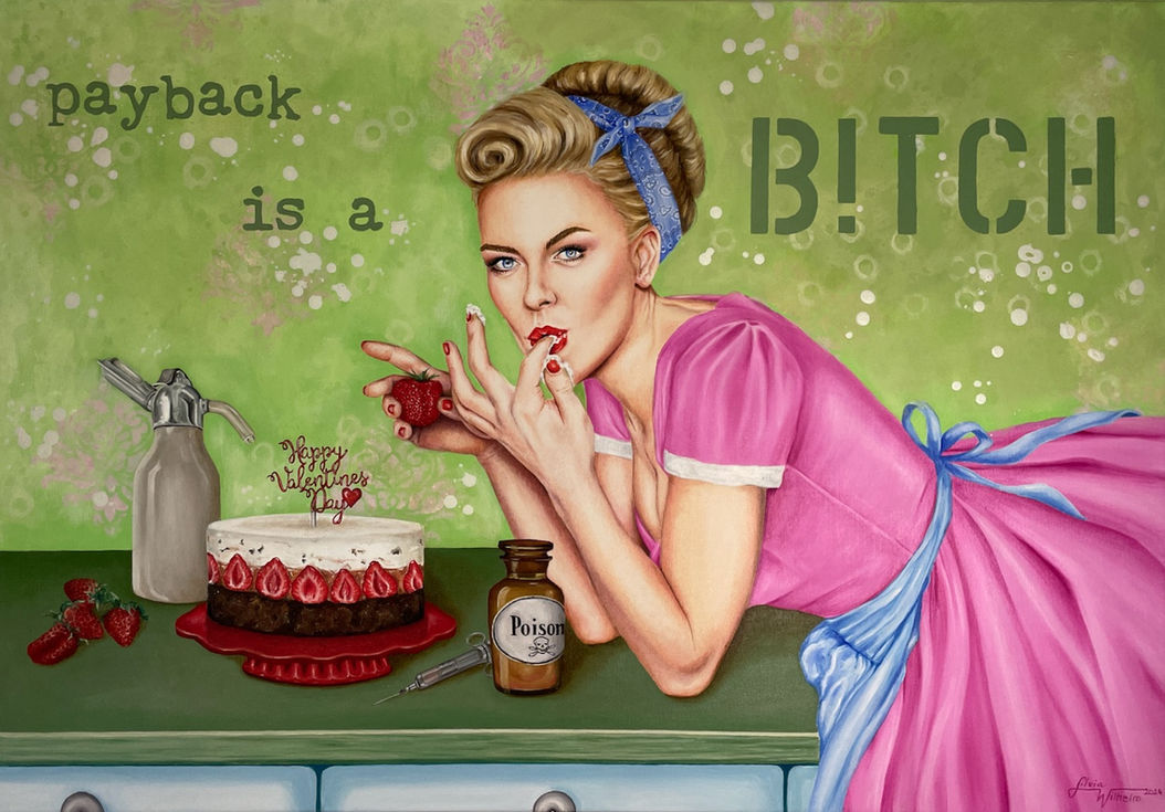 Payback is a bitch. In the center of the picture, a pretty woman bends over the kitchen cupboard. She has pinned her blonde hair up in a pin-up hairstyle with a blue scarf. She is wearing a bright pink dress in the style of the 60s and a light blue apron. She smiles mischievously because she has something planned and licks some cream off her finger. On the kitchen cupboard is a strawberry cake with the inscription “Happy Valentine's day”, next to it are individual strawberries, a bottle of cream and a small poison bottle with a silver syringe. The background is green with light pink accents and bears the inscription “Payback is a bitch”.