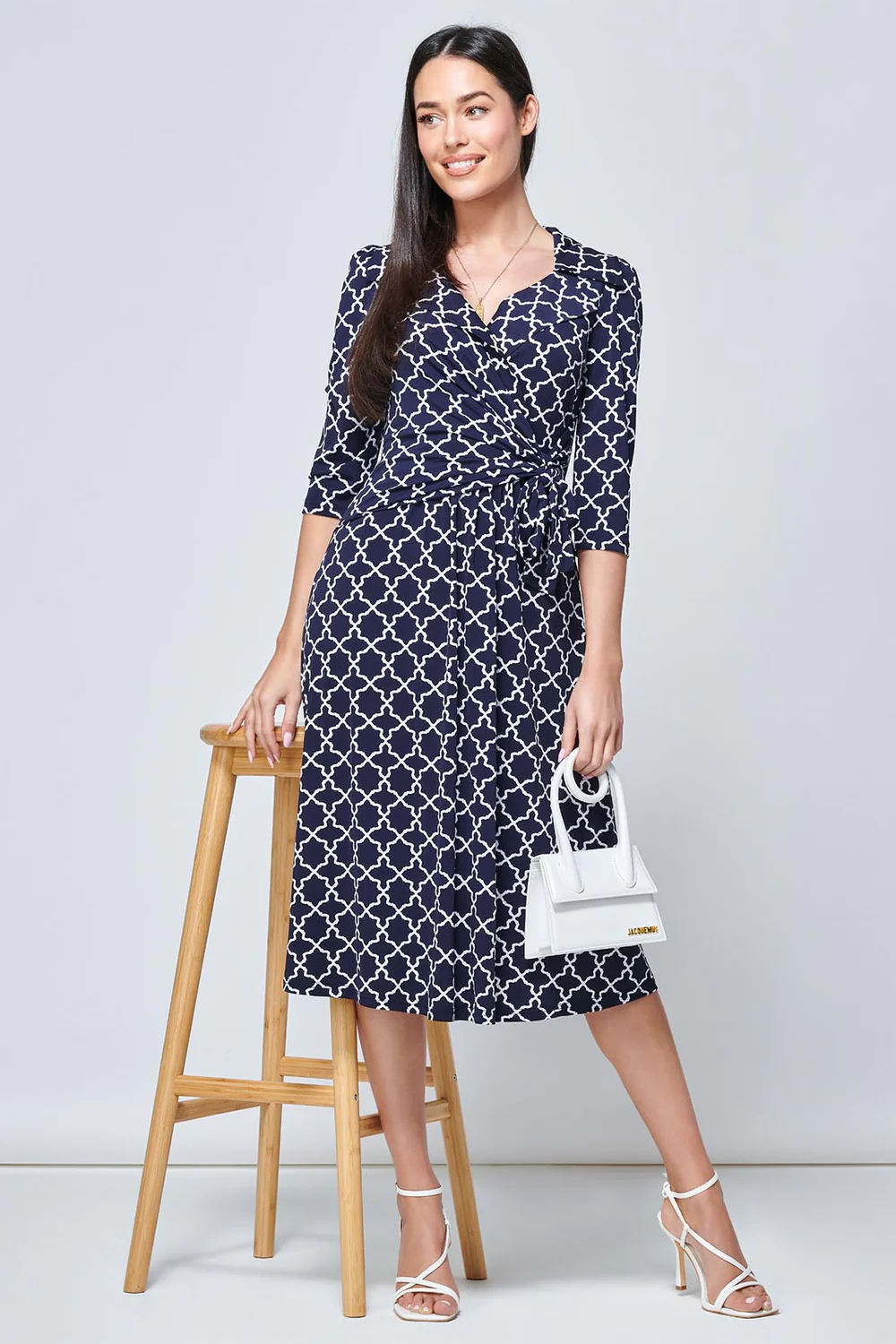 Thumbnail: WRAP TIE SIDE JERSEY DRESS, NAVY GEO