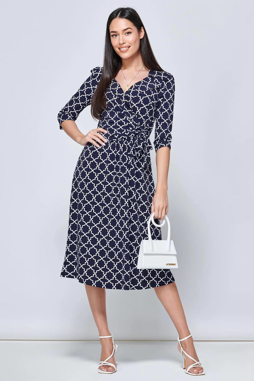 WRAP TIE SIDE JERSEY DRESS, NAVY GEO