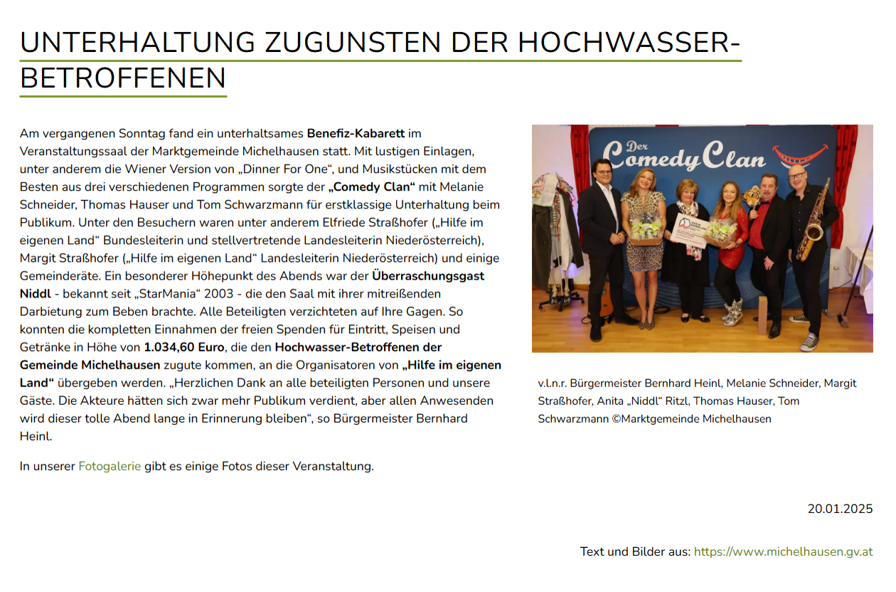 Veranstaltungsbericht der Marktgemeinde Michelhausen vom 20. Jänner 2025 zum Benefiz-Kabarett