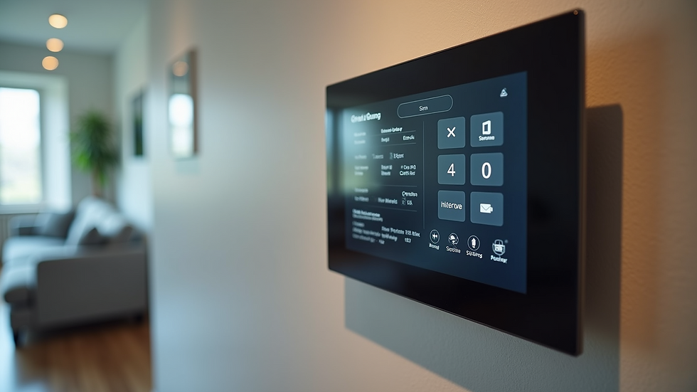 Eye-level view of a smart home control panel mounted on a wall