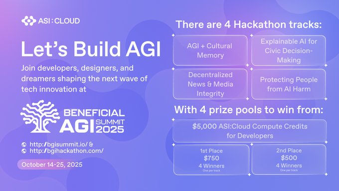 Join the Beneficial AGI Summit 2025 from October 14-25, where developers and designers will explore innovative tech through a hackathon with four tracks: AGI + Cultural Memory, Explainable AI for Civic Decision-Making, Decentralized News & Media Integrity, and Protecting People from AI Harm. Participants can win prizes, including $5,000 in ASI:Cloud compute credits and cash awards for first and second place across each track.