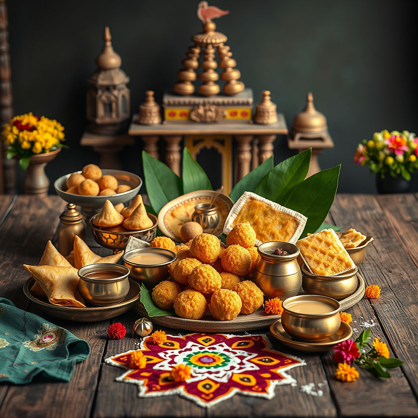 Ultra-realistic HD image showcasing Indian cultural heritage and traditional snacks arrang