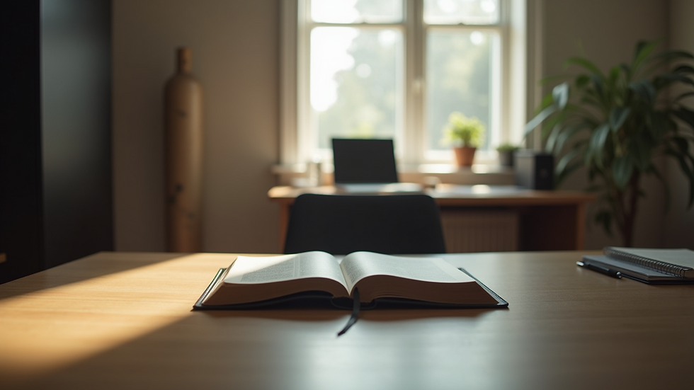 Eye-level view of a small business office with a Bible and notebook on the desk