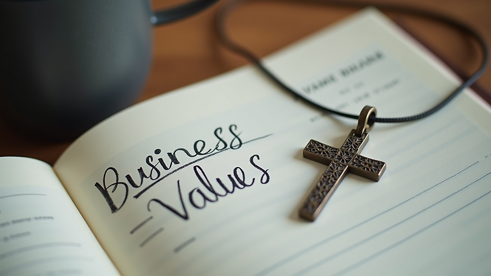 Close-up of a notebook with handwritten business values and a cross pendant
