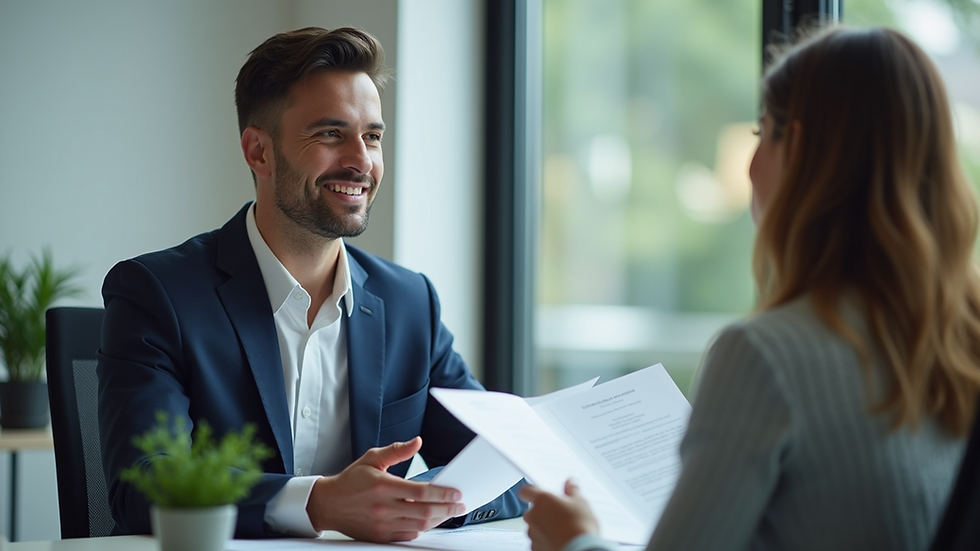 Close-up view of a business consultant reviewing documents with a client in a modern office