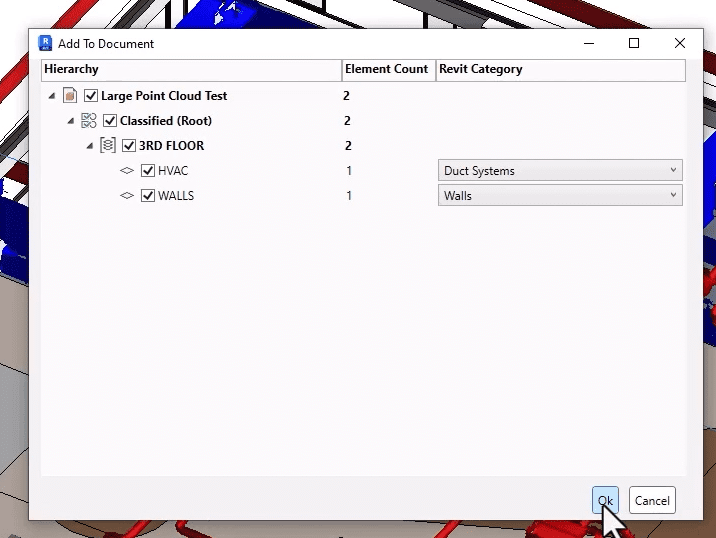 Revit "Add to Document" dialog showing classification of point cloud data into HVAC and Wall elements with assigned Revit categories.