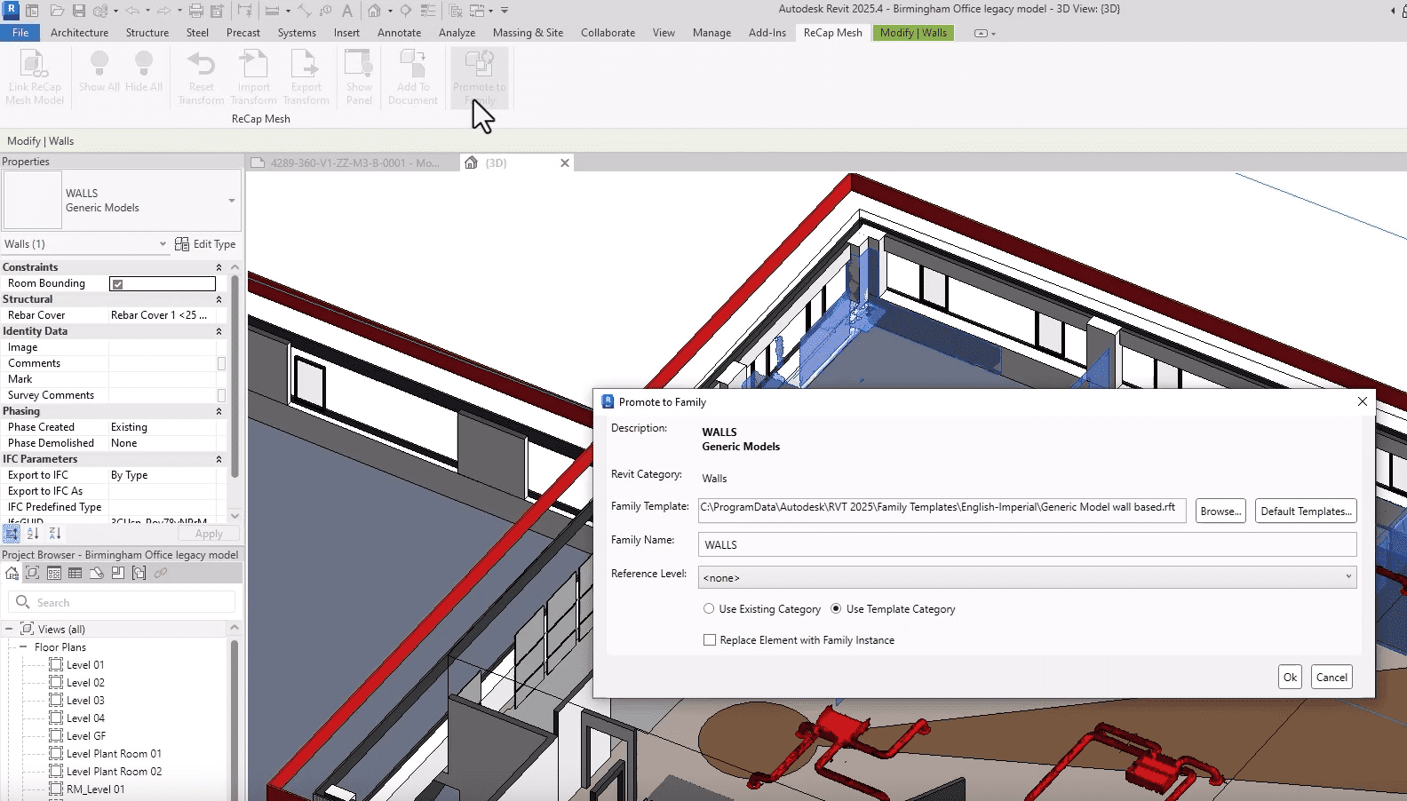 Revit interface showing the “Promote to Family” dialog box for a wall element converted from a ReCap mesh, with Revit category and template selection options.