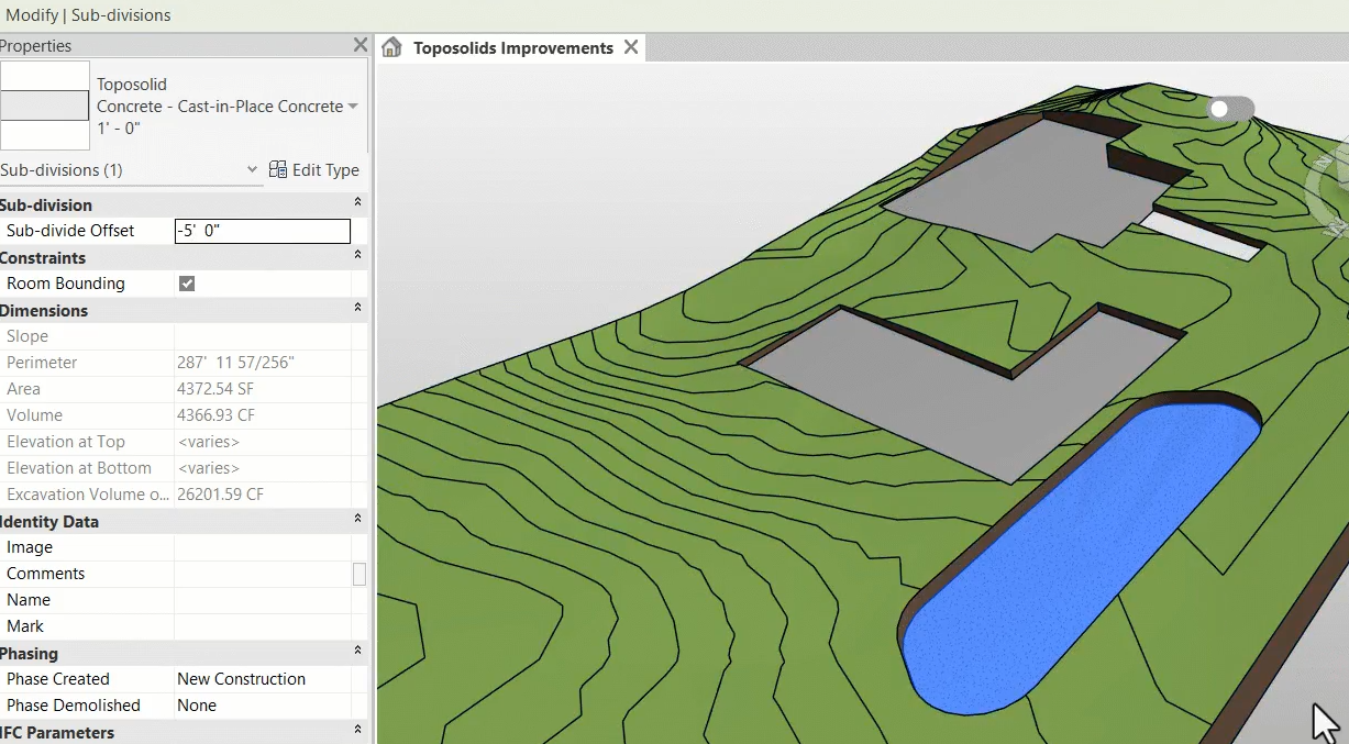 A 3D model of a landscape with topographical lines, buildings, and a body of water, accompanied by a panel listing various properties and parameters.