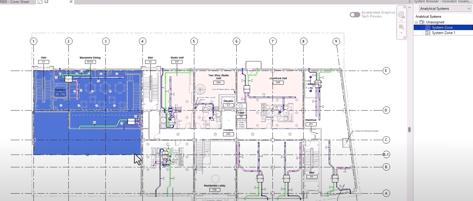 Revit floor plan view showing assigned analytical system zones with mechanical ductwork and piping layouts overlaid.