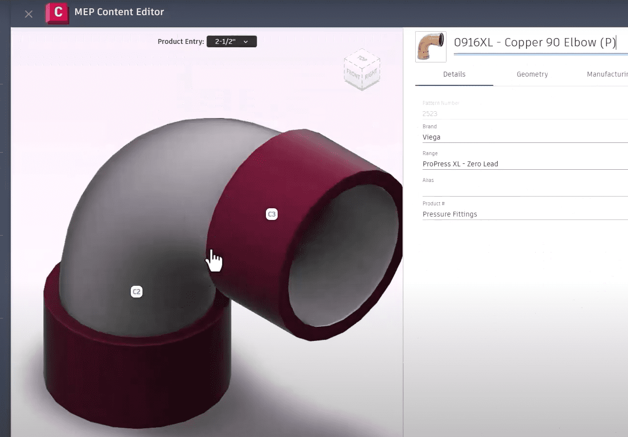 MEP Content Editor interface showing a 3D view of a copper 90-degree elbow fitting with editable connection points and product details. Title: