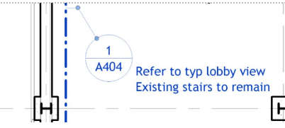 A technical drawing with annotations, including a label "A404" and text indicating existing stairs and a lobby view.