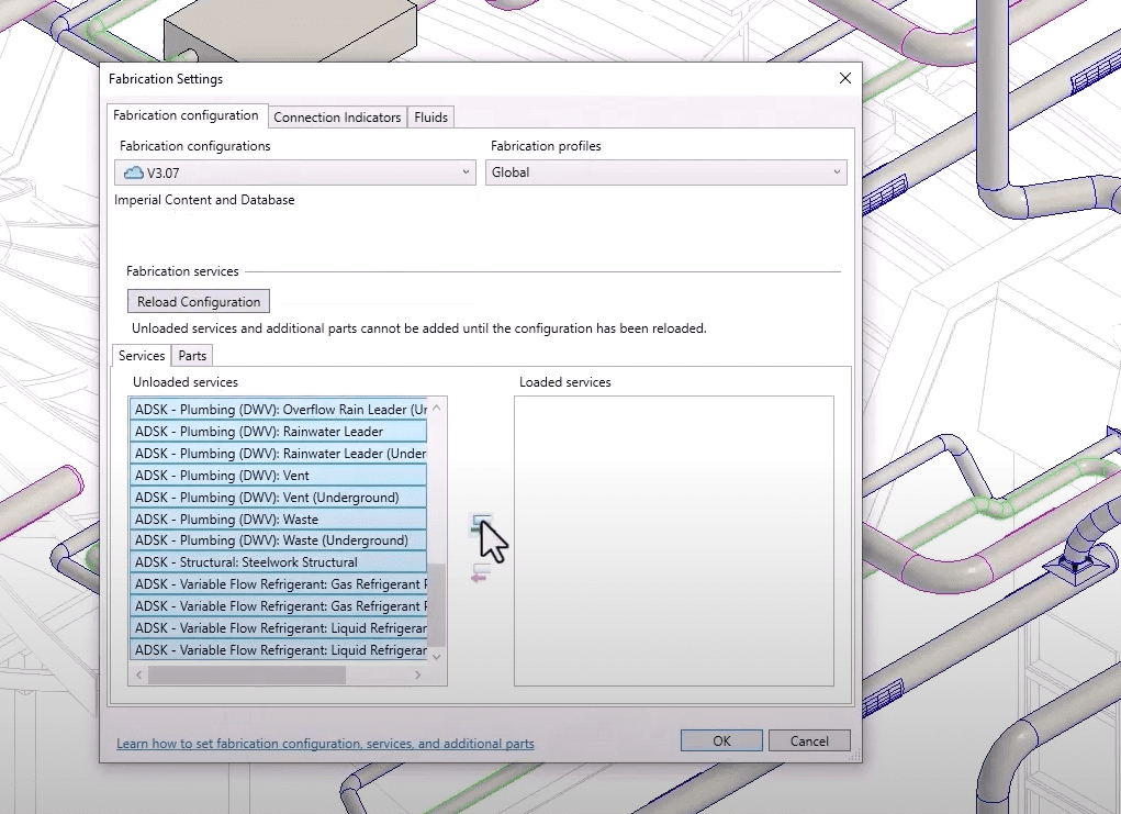Revit Fabrication Settings dialog showing a list of unloaded and loaded MEP services under the "Fabrication configuration" tab.