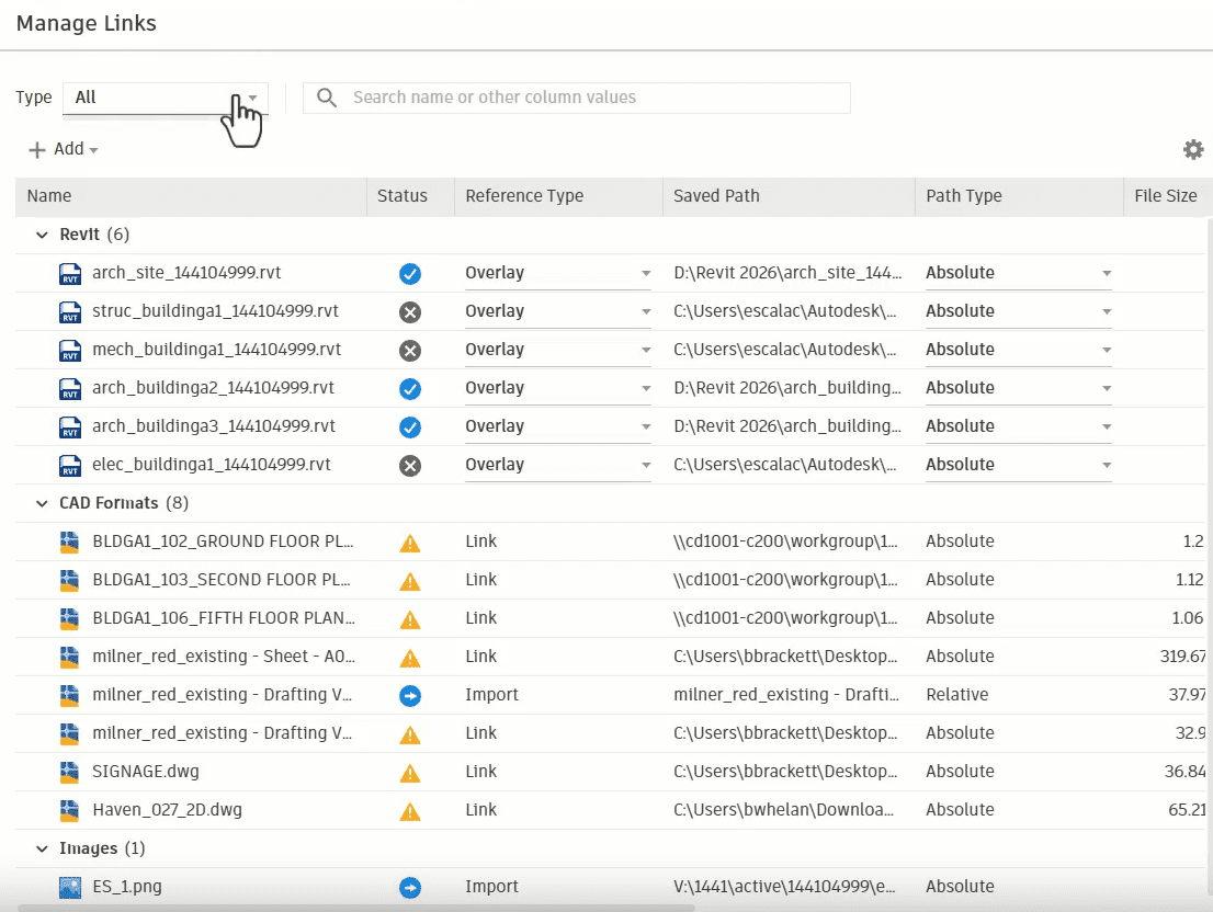 Revit Manage Links dialog showing Revit, CAD, and image file links with status indicators and path types.