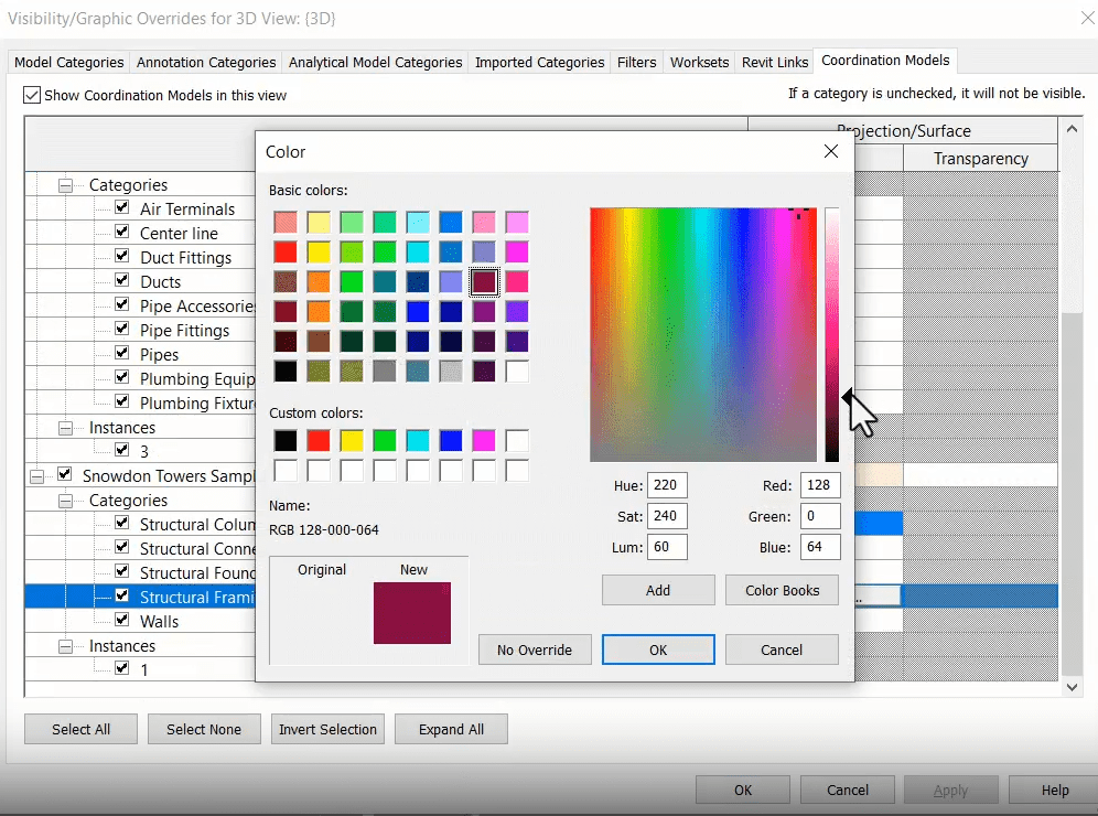Revit Visibility/Graphic Overrides dialog showing the color selection window for changing the appearance of structural framing elements in a 3D view.