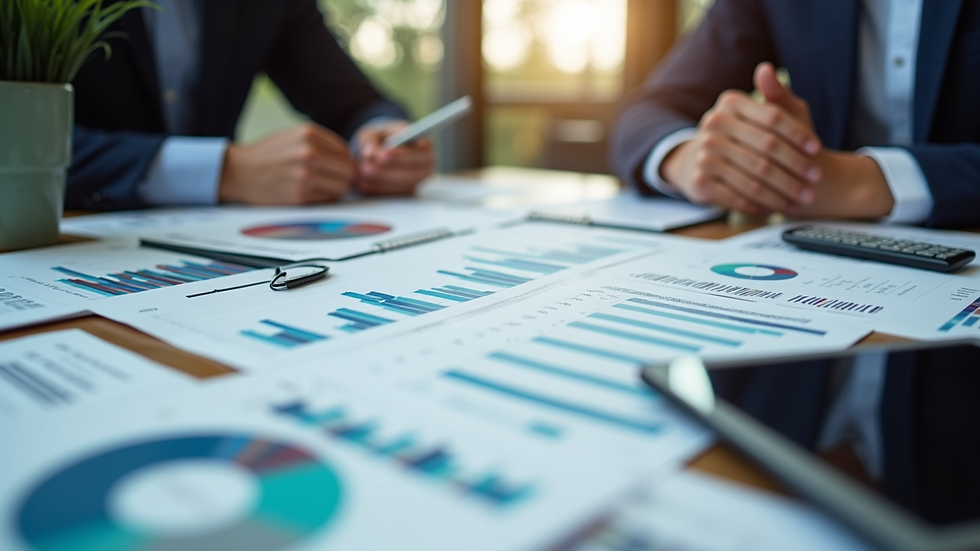 High angle view of a business meeting discussing financial charts and tax planning