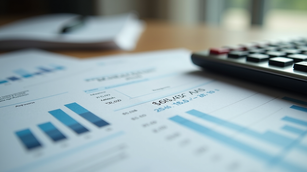 Close-up view of financial documents and calculator on a desk