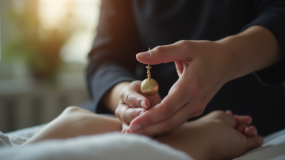 Close-up view of a therapist’s hand holding a pendulum during a hypnotherapy session