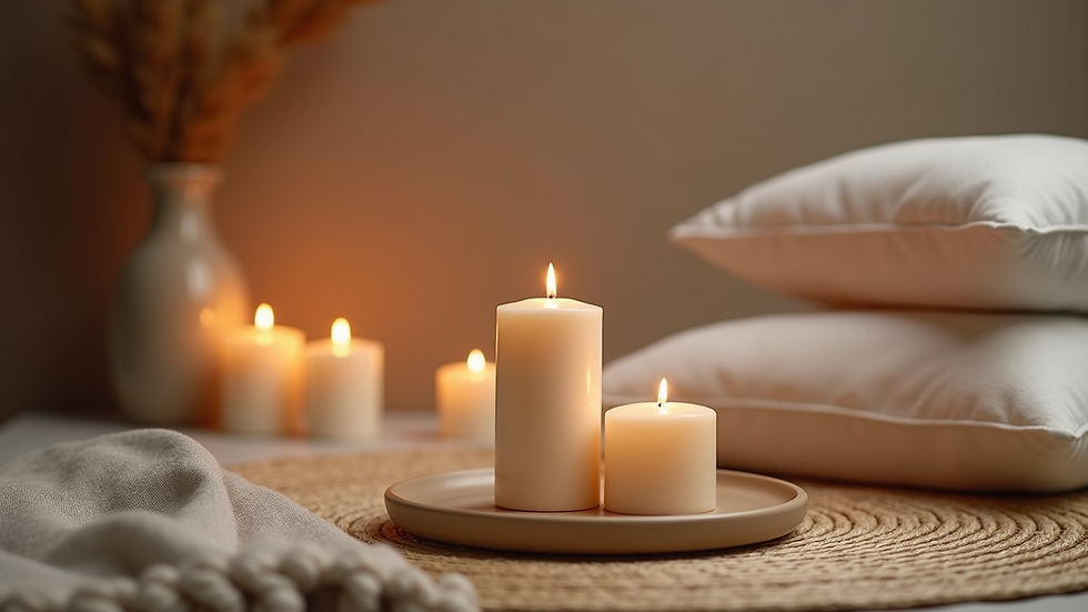 Close-up of a calm therapy session setup with candles and cushions