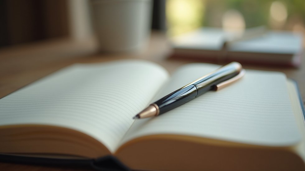 Close-up of a journal with a pen on a wooden table