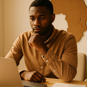 african ai looking at laptop seeking investment