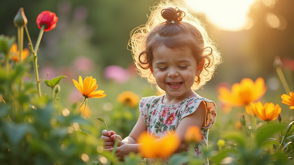 Eye-level view of a colorful children's book spread showing a curious child looking at a bright garden scene