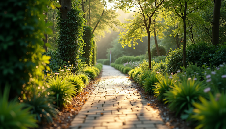 High angle view of a quiet garden path surrounded by lush greenery and soft sunlight