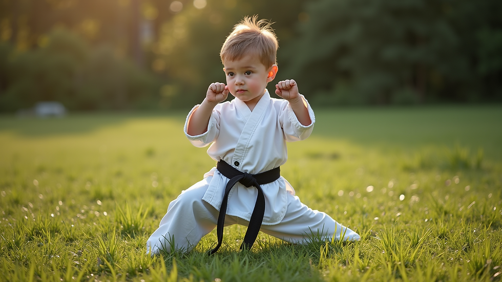 High angle view of a child practicing a martial arts stance outdoors
