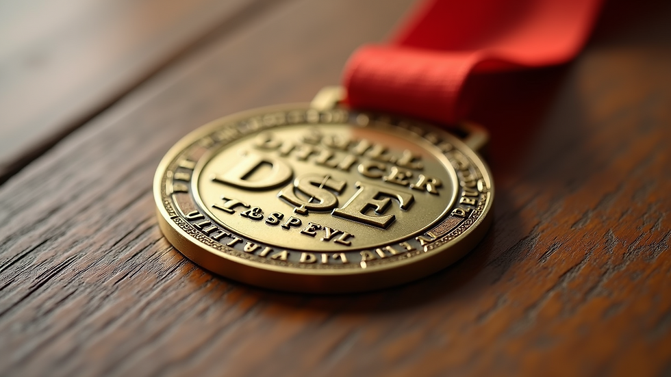 High angle view of a custom medal with a colorful ribbon laid on a wooden table