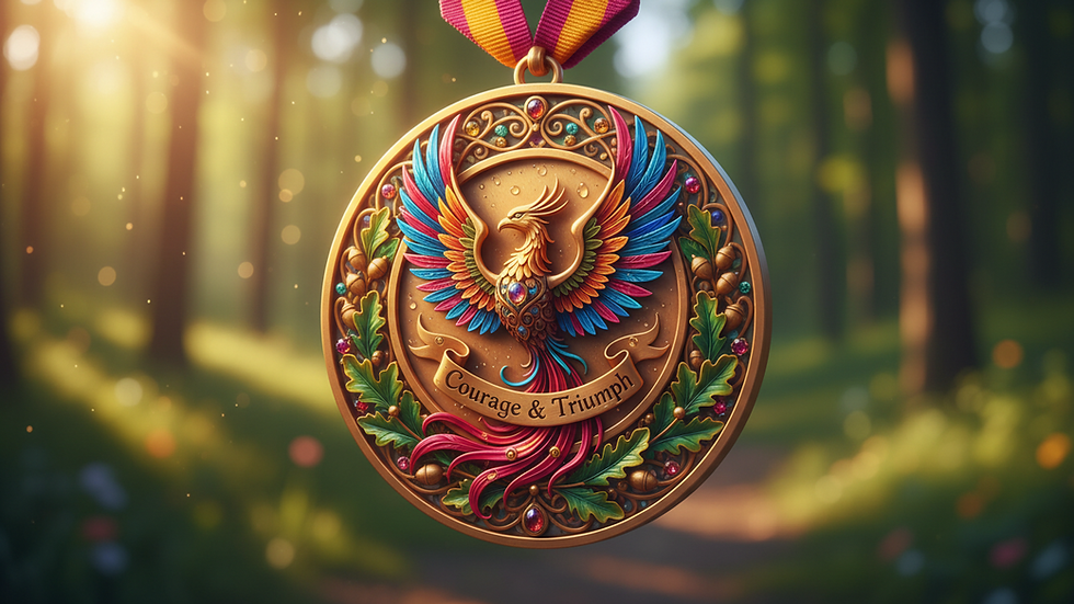 Close-up view of a custom-designed medal with intricate details